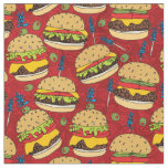Funny Cheeseburger on Red Food Pattern Fabric