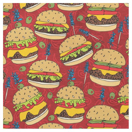 Funny Cheeseburger on Red Food Pattern Fabric