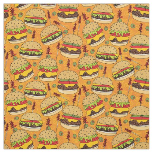 Funny Cheeseburger on Yellow Food Pattern Fabric