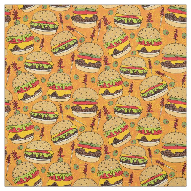 Funny Cheeseburger on Yellow Food Pattern Fabric (Swatch)