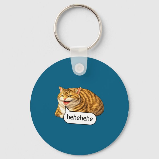 Funny Cheesy Cat Smile Meme Silly Weird Chubby Cat Keychain (Front)