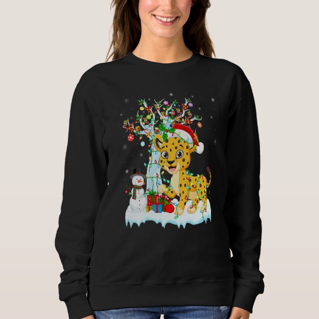 Funny Cheetah Xmas Tree Lighting Santa Hat Cheetah Sweatshirt (Front)