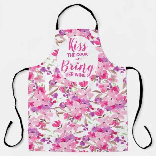 Funny chef quote pink floral watercolor apron