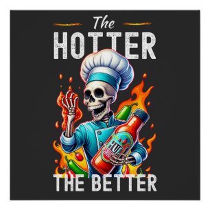 Funny Chef skeleton carrying sauce in fire Poster