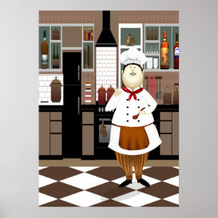 Funny Chef with Big Hat in Kitchen Poster