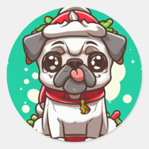 Funny Chibi Kawaii Dog Pug Christmas Sticker