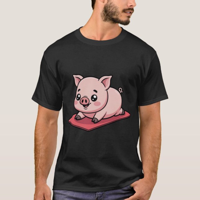 Funny Chibi Pig Falling During Yoga Pose Cute Kawa T-Shirt (Front)
