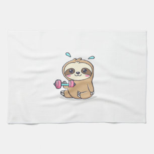 Funny Chibi Sloth Workout  Cute Kawaii Gym Cartoon Kitchen Towel