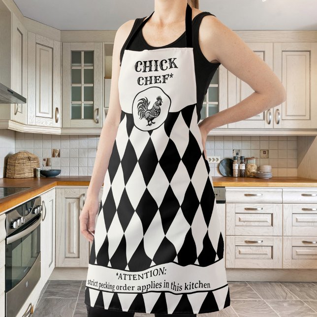 Funny Chicken Black and off-White Apron (Funny chef apron featuring a black and (off) white (ivory) retro design with a chicken)