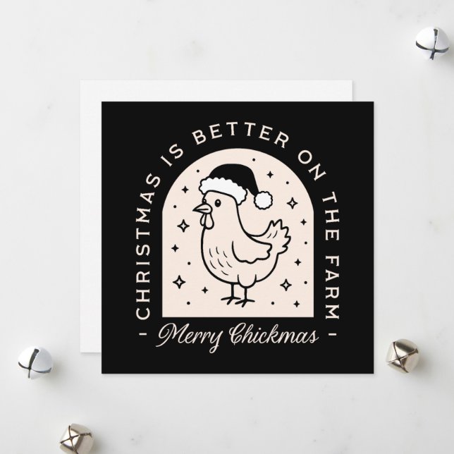Funny chicken Christmas farm puns whimsical black Holiday Card (Front/Back In Situ)