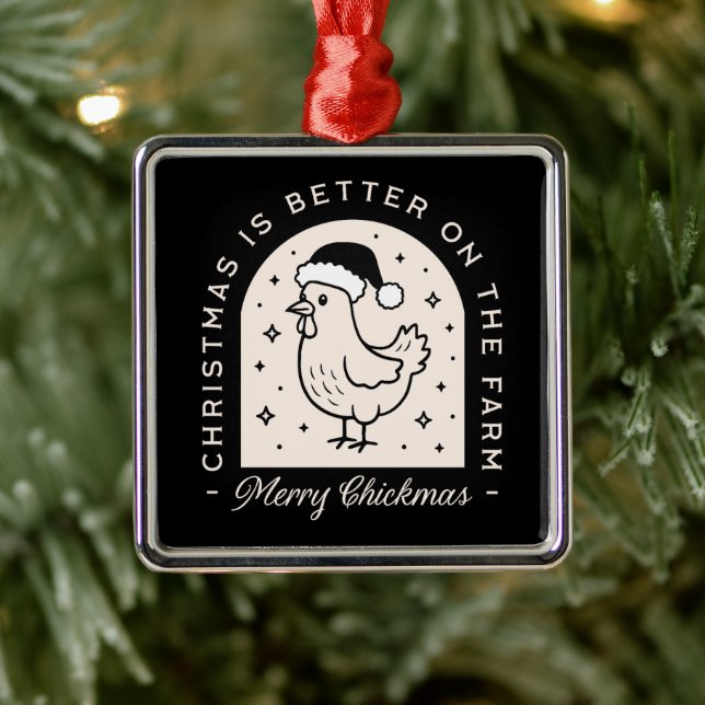 Funny chicken Christmas farm puns whimsical black Metal Ornament (Tree)