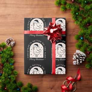 Funny chicken Christmas farm whimsical black Wrapping Paper