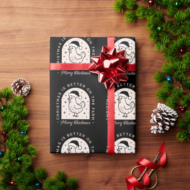 Funny chicken Christmas farm whimsical black Wrapping Paper (Holiday Gift)