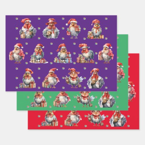 Funny Chicken Christmas Holiday Shoppers 3_Color Wrapping Paper Sheets