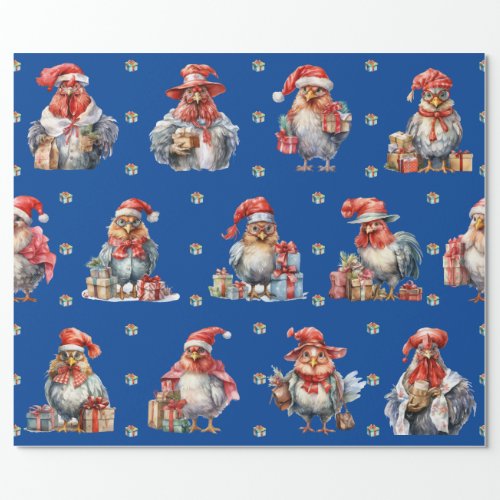 Funny Chicken Christmas Holiday Shoppers Blue Wrapping Paper