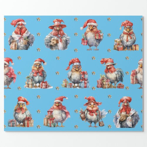 Funny Chicken Christmas Holiday Shoppers Blue Wrapping Paper