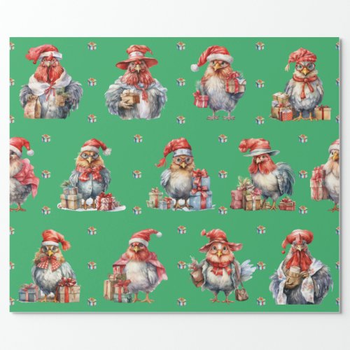 Funny Chicken Christmas Holiday Shoppers Green Wrapping Paper