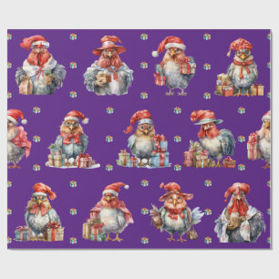 Funny Chicken Christmas Holiday Shoppers Purple Wrapping Paper