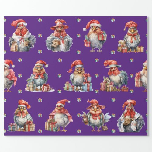 Funny Chicken Christmas Holiday Shoppers Purple Wrapping Paper