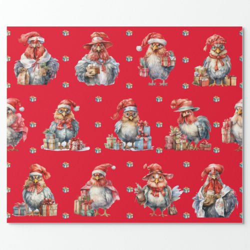 Funny Chicken Christmas Holiday Shoppers Red Wrapping Paper
