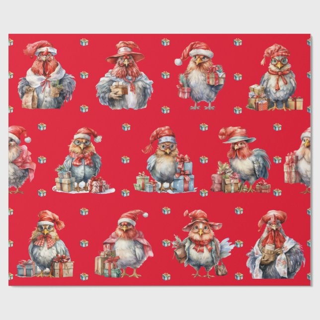 Funny Chicken Christmas Holiday Shoppers Red Wrapping Paper (Flat)
