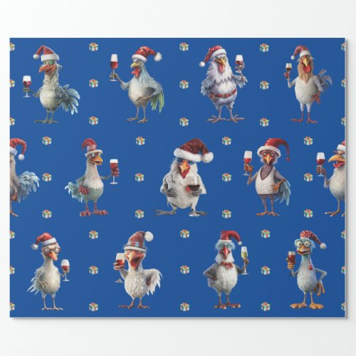 Funny Chicken Christmas Holiday Wine Party Blue Wrapping Paper