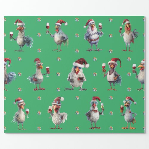Funny Chicken Christmas Holiday Wine Party Green Wrapping Paper