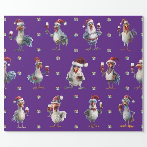 Funny Chicken Christmas Holiday Wine Party Purple Wrapping Paper