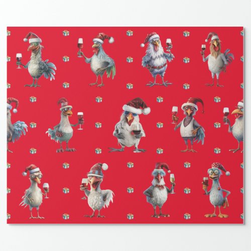 Funny Chicken Christmas Holiday Wine Party Red Wrapping Paper