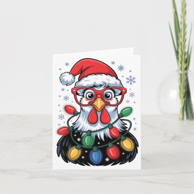 Funny Chicken Christmas Tree Lights Santa Hat Xmas Card (Front)