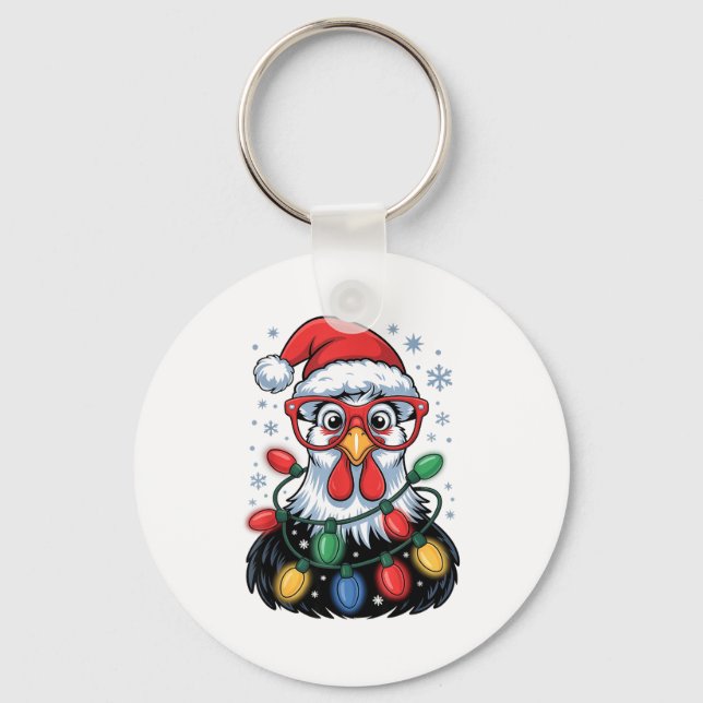 Funny Chicken Christmas Tree Lights Santa Hat Xmas Keychain (Front)