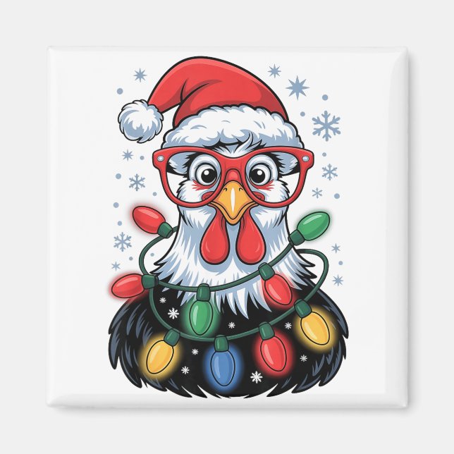 Funny Chicken Christmas Tree Lights Santa Hat Xmas Magnet (Front)