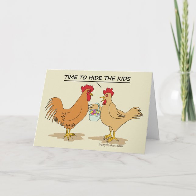 Funny Chicken Easter Egg Hunt Cartoon Beige Holiday Card (Front)