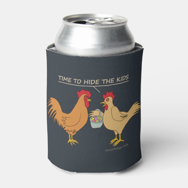 Funny Chicken Easter Egg Hunt Cartoon Blue Can Cooler (Can Front)