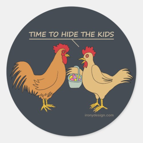 Funny Chicken Easter Egg Hunt Cartoon Blue Classic Round Sticker