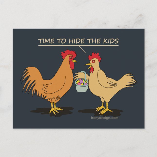 Funny Chicken Easter Egg Hunt Cartoon Blue Postcard (Front)