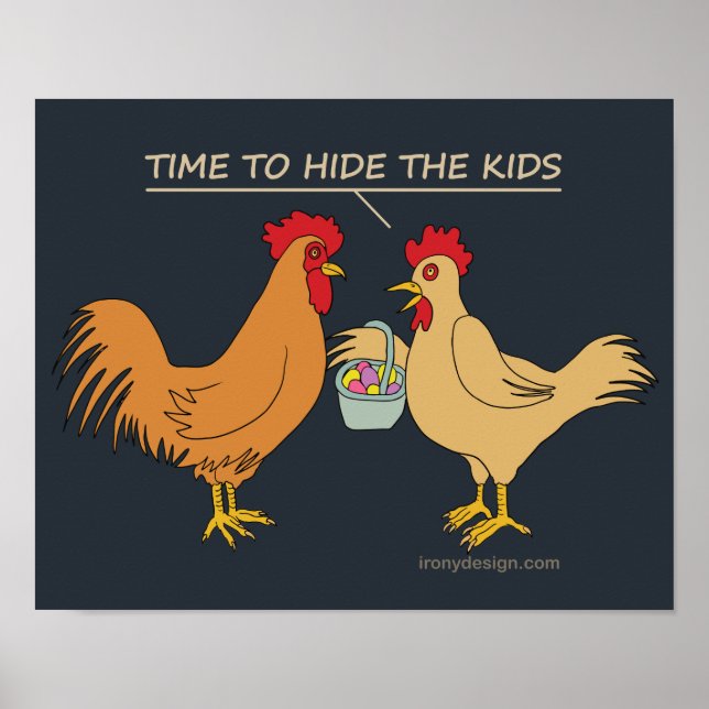 Funny Chicken Easter Egg Hunt Cartoon Blue Poster (Front)