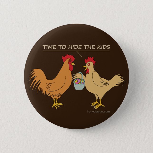 Funny Chicken Easter Egg Hunt Cartoon Brown Button (Front)