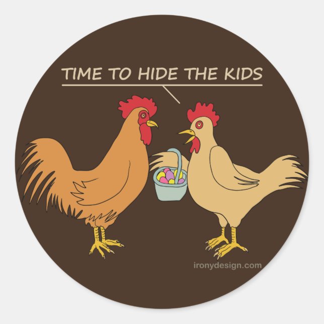 Funny Chicken Easter Egg Hunt Cartoon Brown Classic Round Sticker (Front)