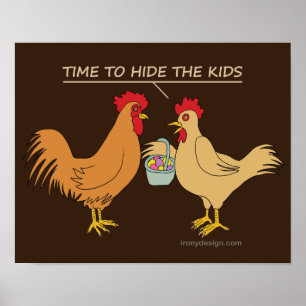 Funny Chicken Easter Egg Hunt Cartoon Brown Poster