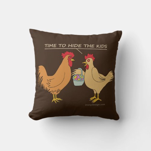 Funny Chicken Easter Egg Hunt Cartoon Brown Throw Pillow