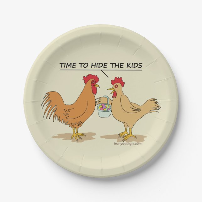 Funny Chicken Easter Egg Hunt Cartoon Paper Plates (Front)