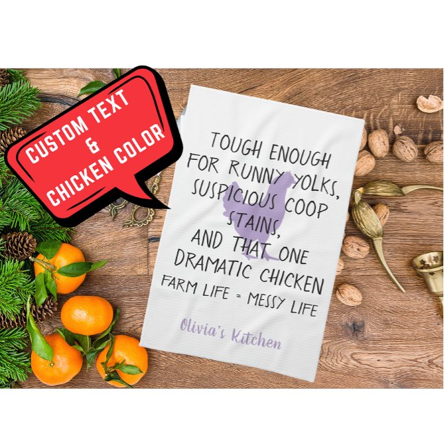 Funny Chicken Farm Owner Custom Name Violet Black  Kitchen Towel (Modern custom name farm owner kitchen towel )