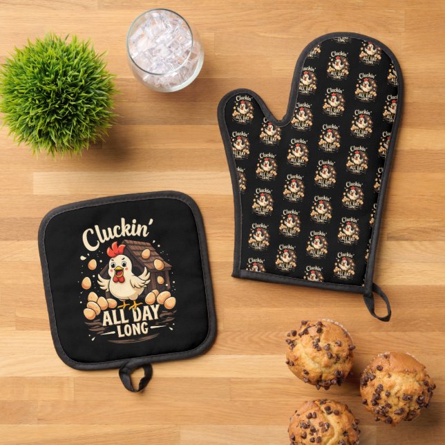 Funny Chicken Humor Rustic Farm Life Throw Pillow Oven Mitt & Pot Holder Set (Top Down)