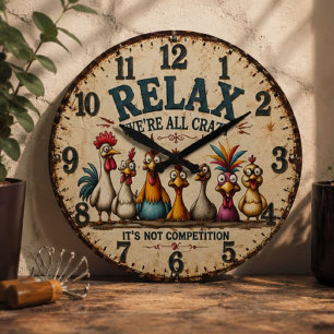 Funny Chicken Relax We're All Crazy Farmhouse Large Clock