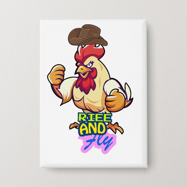 Funny Chicken Rise and Fly” T-Shirt Button (Front)