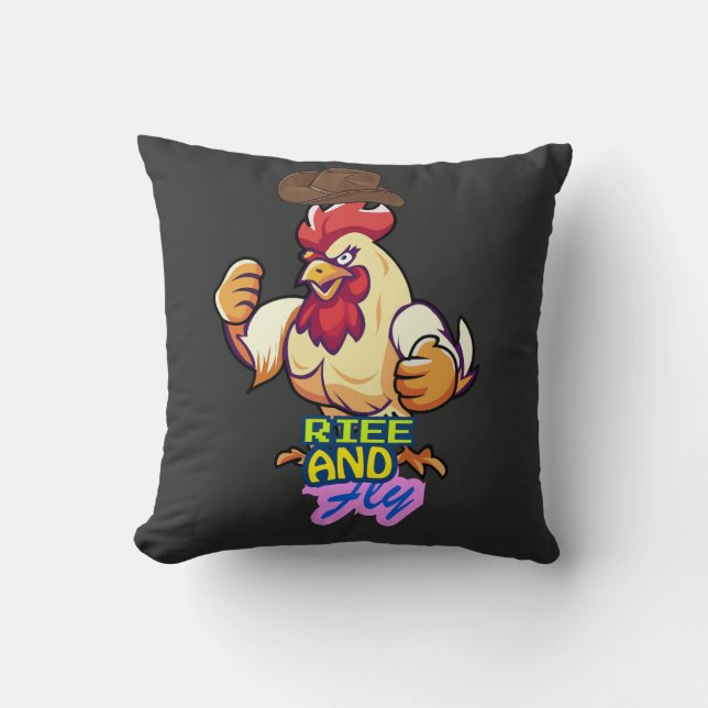 Funny Chicken Rise and Fly” T-Shirt Throw Pillow (Front)