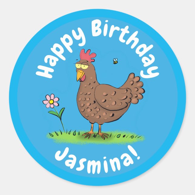 Funny chicken rustic cartoon illustration classic round sticker (Front)