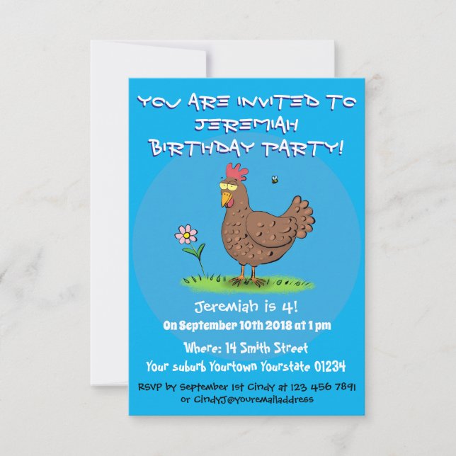 Funny chicken rustic cartoon illustration invitation (Front)