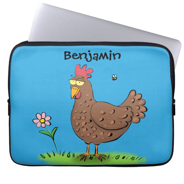 Funny chicken rustic cartoon illustration laptop sleeve (Front)